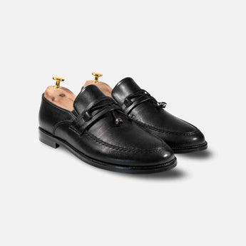 Aurora Loafer Black – handcrafted black leather tassel loafers for men with full-grain leather and Goodyear welt construction.