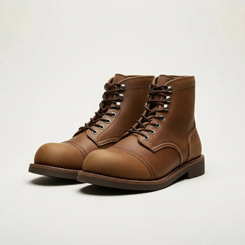 Close-up of Vintage Crazy Horse Leather 8111 Boots — full-grain brown crazy horse leather with cap toe design and Goodyear welt construction.