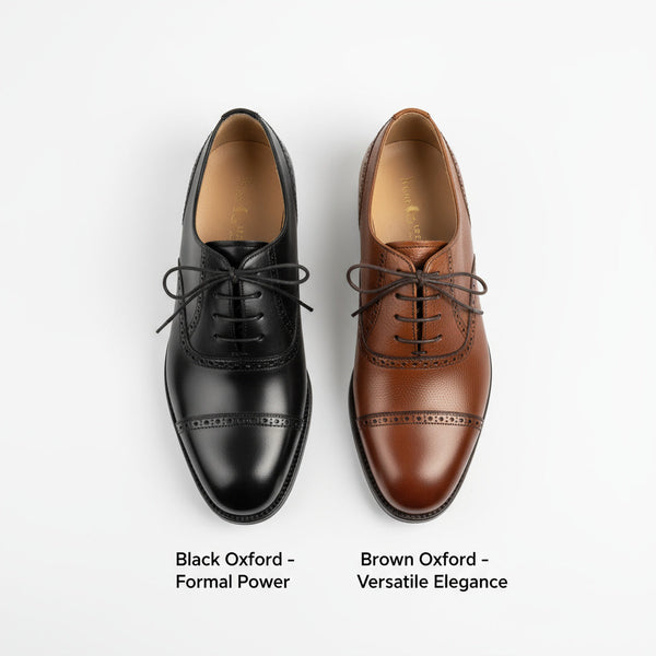 Flat lay of Shoescoo handcrafted Oxford shoes – Black Oxford for formal power and Brown Oxford for versatile elegance