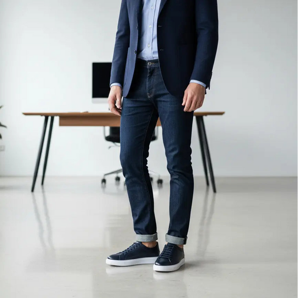 Shoescoo Elegante dark blue leather sneakers styled with business-casual outfit — smart office look for men