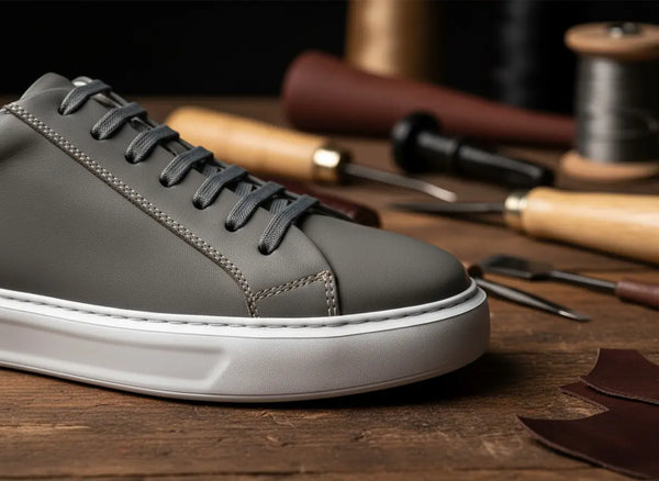 Hand-stitched gray leather sneakers showing precise stitching and refined edgework.