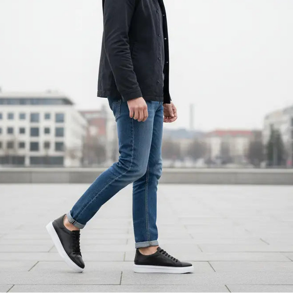 Smart-casual street style featuring handmade Elegante men’s leather sneakers — versatile from day to night.