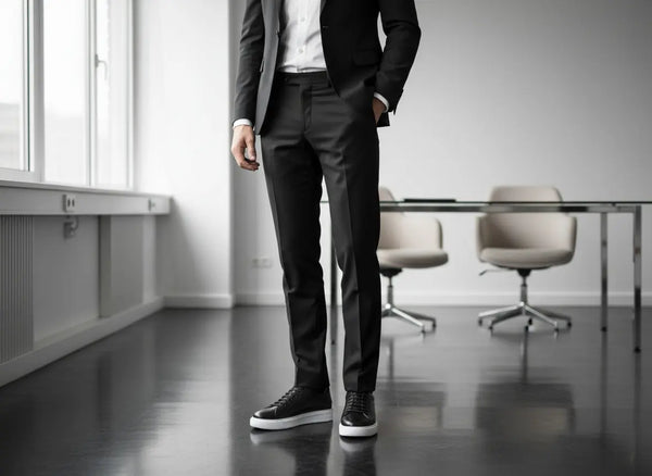 Elegante black leather sneakers styled with tailored trousers — premium dress sneakers for men.