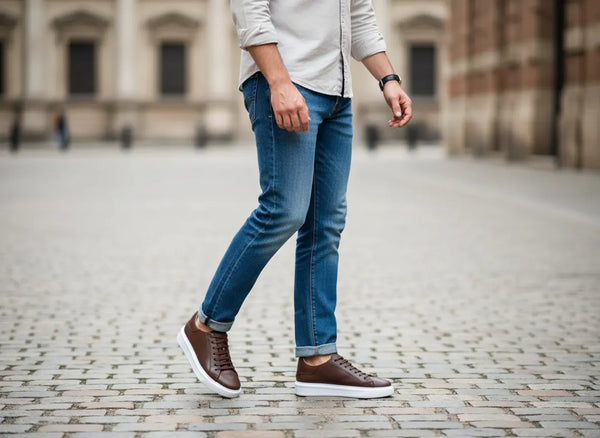 Smart-casual outfit featuring handmade Elegante men’s brown leather sneakers — crafted for day-to-night versatility.