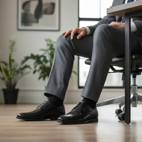 Summit Derby Black styled with a tailored suit – polished black leather derby shoes for business formal wear.