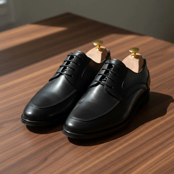 Close-up of Summit Derby Black – full-grain leather texture and polished finish, luxury handcrafted black leather derby shoes.