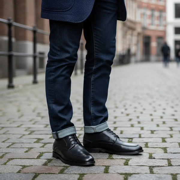 Smart casual look with Summit Derby Black – handcrafted men’s black leather derby shoes for daily wear.