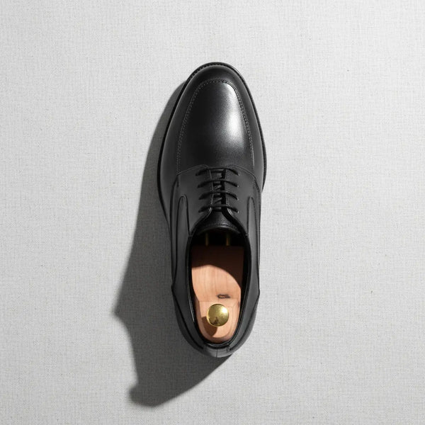 Top shot of Summit Derby Black – full-grain black leather cap toe derby with cushioned interior.