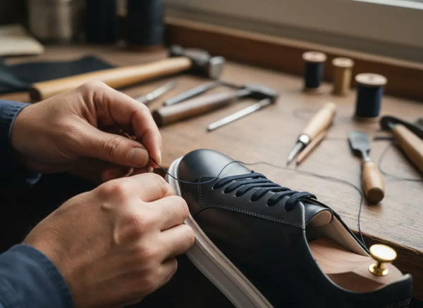 Stitching and edgework on Elegante dark blue leather sneakers — artisan craftsmanship and refined finish