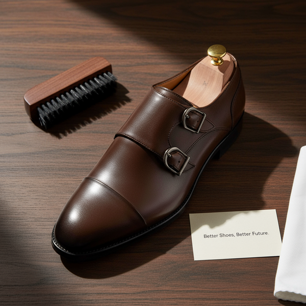 Brown double monk strap shoes on wooden surface with shoe brush — handcrafted full-grain leather detail.