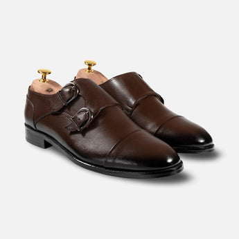 Handcrafted brown double monk strap shoes for men in full-grain leather – main product image.