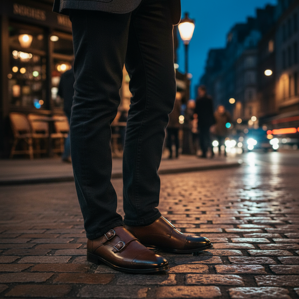 Brown double monk strap shoes worn in evening city setting — elegant men’s dress monk shoes.