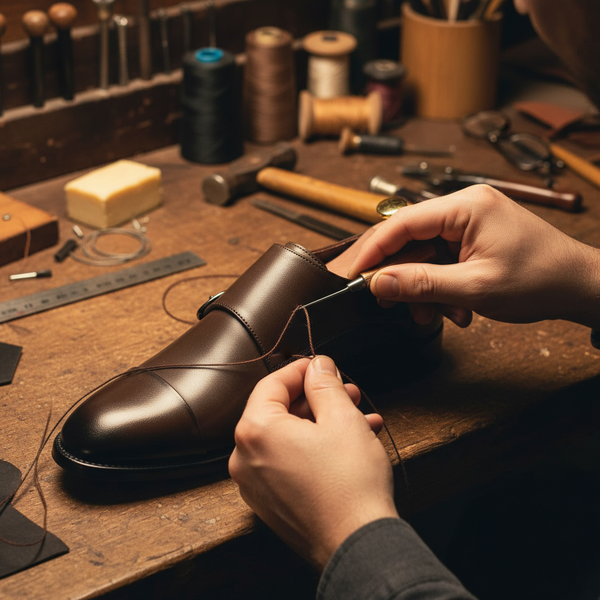 Artisan hand-stitching a brown double monk strap shoe in workshop — Goodyear welt craftsmanship.