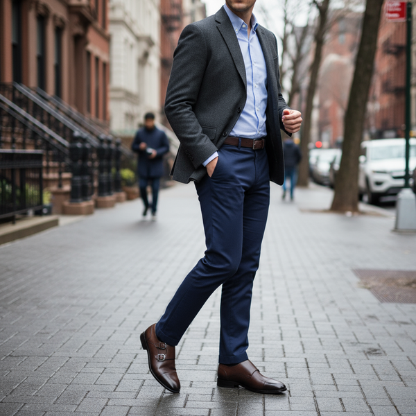 Brown double monk strap shoes styled with smart-casual outfit on city street — handcrafted men’s leather shoes.