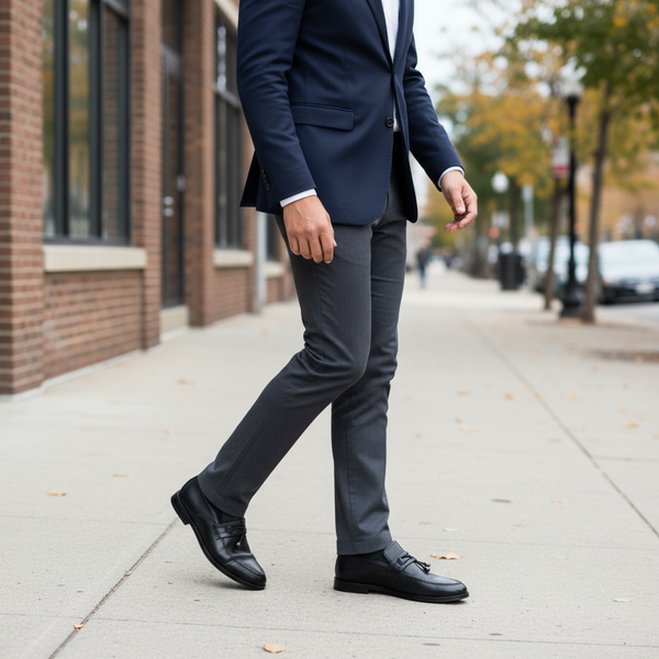 Smart-casual street style with Aurora black tassel loafers – handmade men’s slip-on loafers for day-to-night wear.
