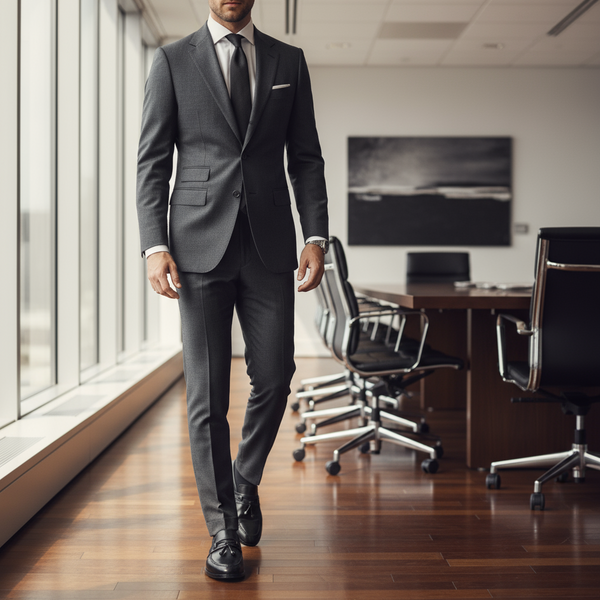 Aurora black leather tassel loafers styled with a tailored suit – ideal men’s business-formal loafers.
