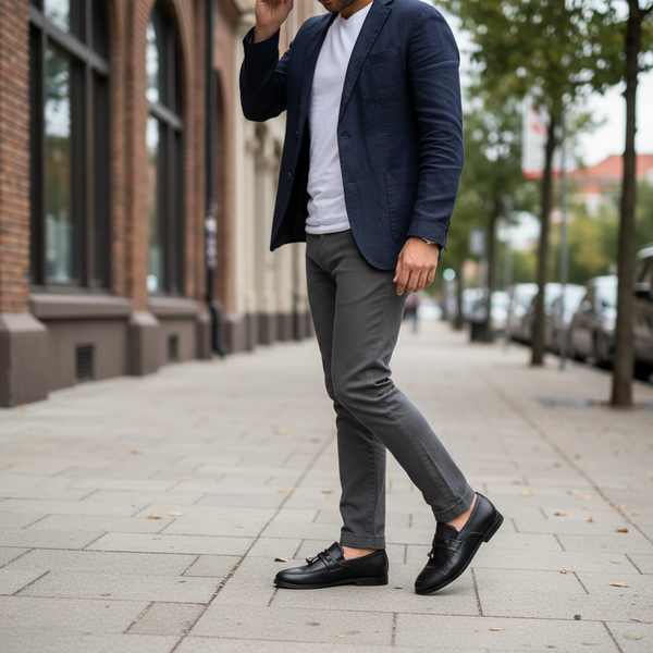 Aurora black leather tassel loafers styled for evening events – refined and comfortable men’s dress loafers.
