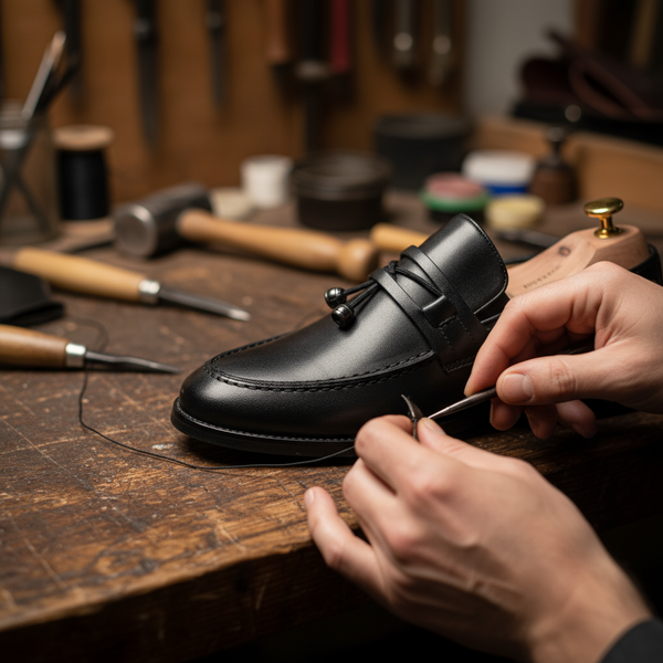 Handcrafted Aurora black leather tassel loafers in artisan workshop – hand-stitched leather and traditional craftsmanship.
