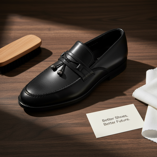 Studio shot of Aurora black leather tassel loafers on wooden surface – luxury men’s tassel loafers with hand-polished finish.
