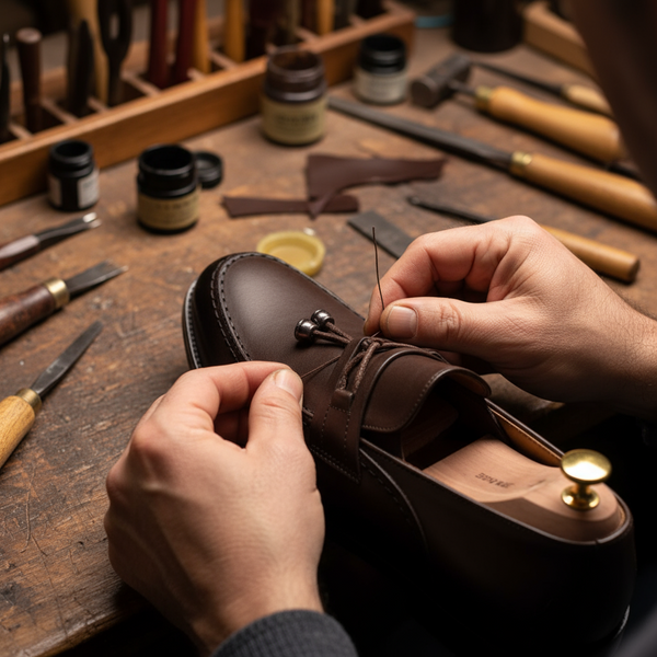 Hand-stitched craftsmanship on Aurora brown leather tassel loafers – handcrafted Goodyear welt shoes.