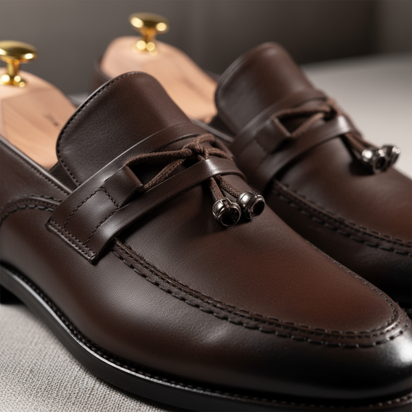 Detailed close-up of Aurora men’s brown leather tassel loafers – Goodyear welt craftsmanship.