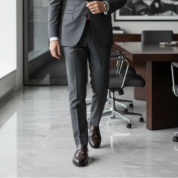 Aurora brown tassel loafers styled with a tailored suit – formal men's leather loafers for office wear.