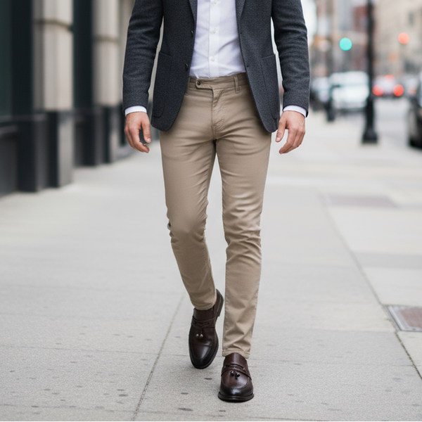 Smart-casual outfit featuring Aurora men’s brown tassel loafers – versatile slip-on loafers for day-to-night wear.