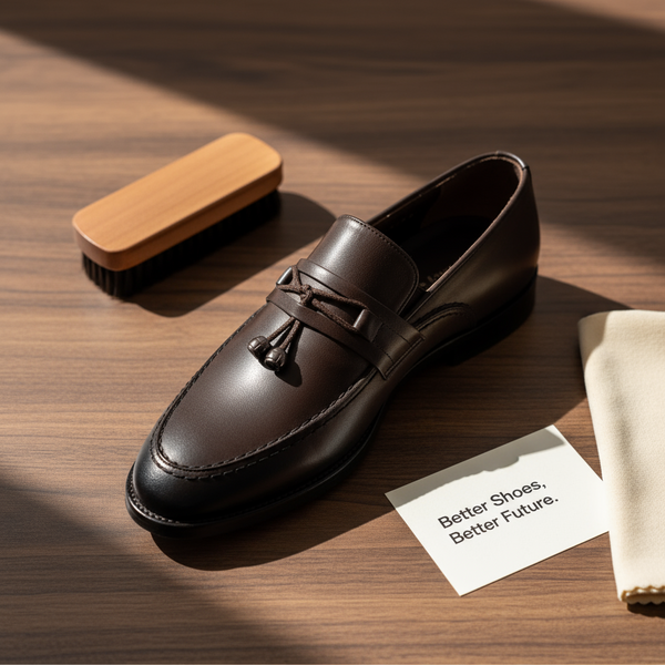 Close-up of Aurora brown tassel loafers showing full-grain leather texture and hand-polished finish.