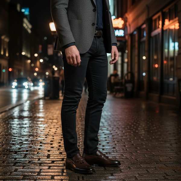 Aurora brown leather tassel loafers styled for evening – refined men’s dress loafers for dinners and events.