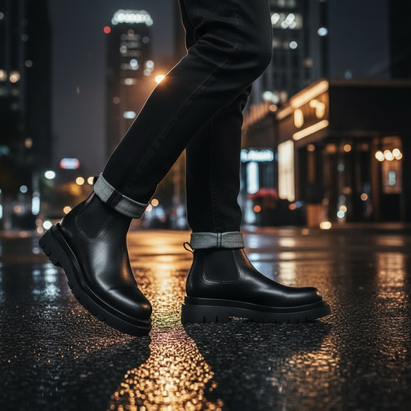 Night street-style shot of men’s black Chelsea boots with reflective wet pavement.