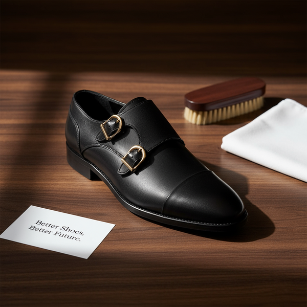 Luxury shot of black double monk strap shoes on a wooden table – handcrafted men’s dress monk shoes.