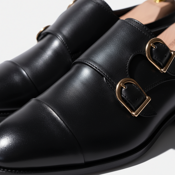 Macro close-up of black double monk strap shoes showing full-grain leather and polished buckles.