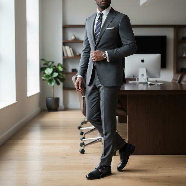 Men’s black double monk strap shoes styled with a tailored suit – classic formal dress look.
