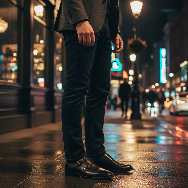 Night-out city look featuring black double monk strap shoes – refined men’s dress style.