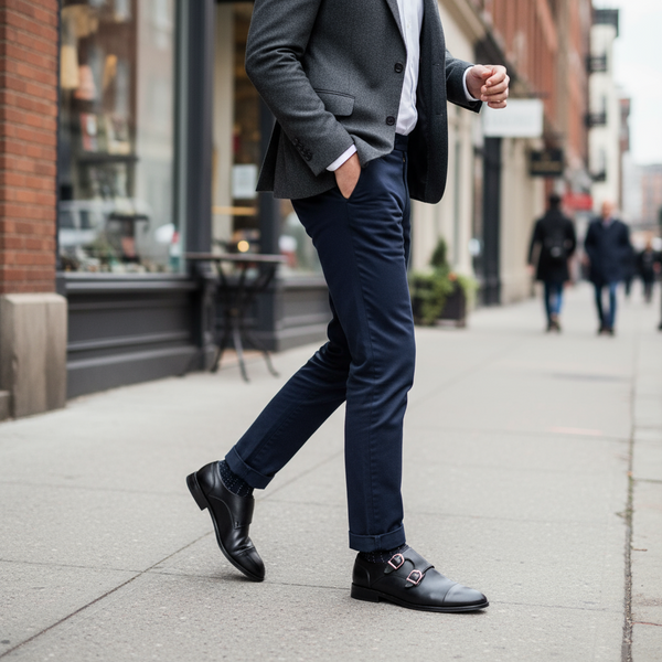 Smart-casual street style with black double monk strap shoes paired with navy chinos.
