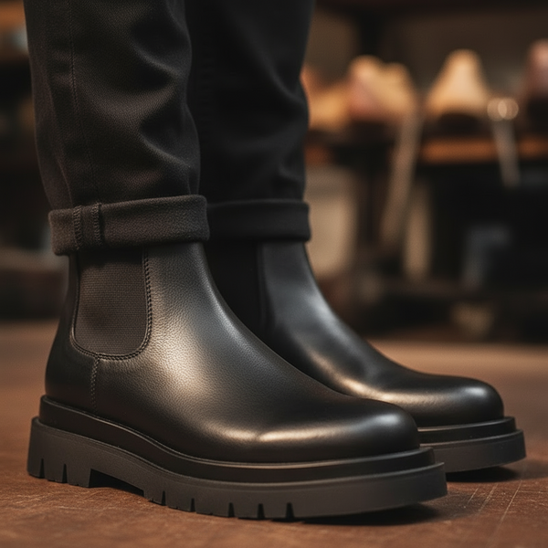 Men’s black Goodyear welt Chelsea boots worn on foot — sculpted profile and clean lines.