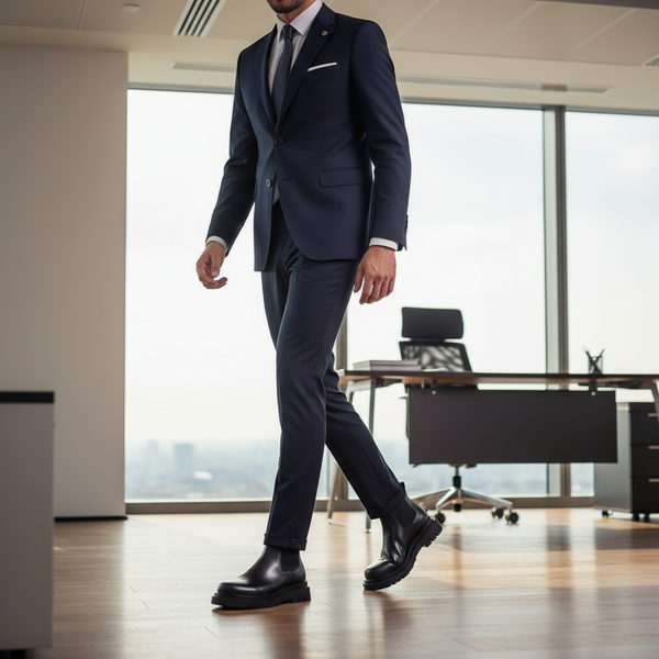 Men’s black leather Chelsea boots styled with a tailored business suit.