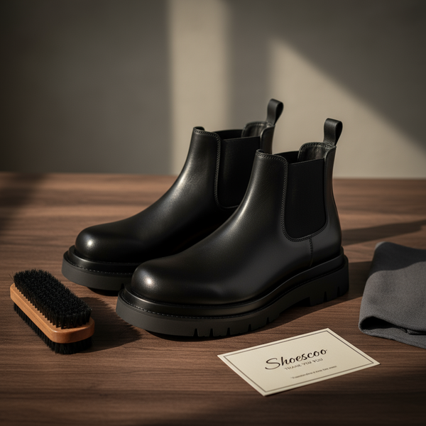 Lifestyle hero image of handcrafted black split-leather Chelsea boots with Goodyear welt.