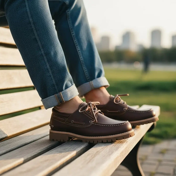 Street-style look with men’s brown leather boat shoes — casual, comfortable, slip-resistant design.