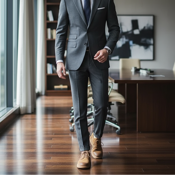 Men’s brown split leather Derby shoes styled with a tailored suit — ideal office outfit.