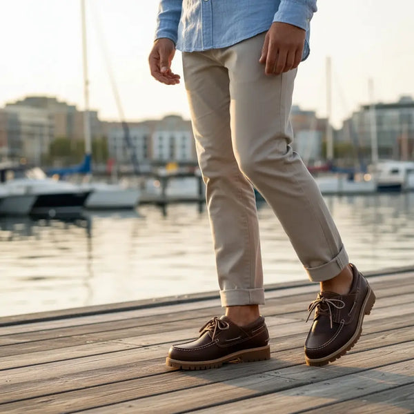 Men’s brown leather boat shoes styled with chinos — relaxed dock and marina look.