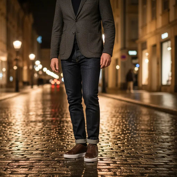 Evening outfit with Elegante brown leather sneakers — refined, comfortable men’s leather sneakers for dinners and events.