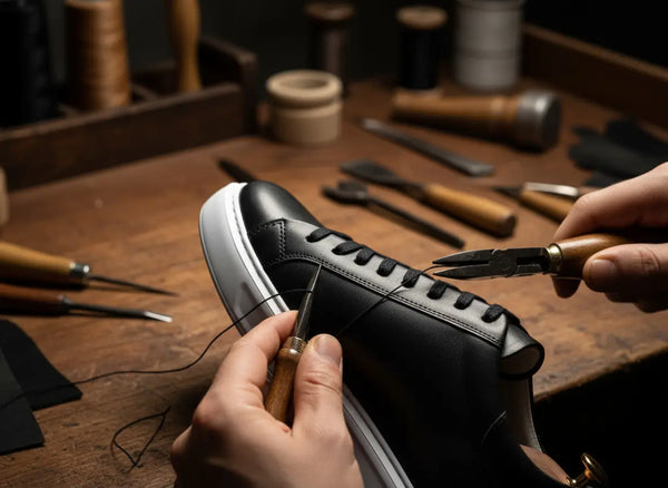 Hand-finished edgework and stitching on Elegante black leather sneakers—minimalist design built for long-lasting wear.
