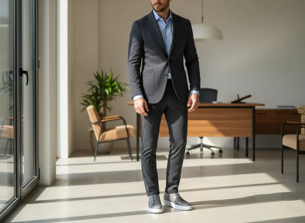 Men’s gray leather sneakers styled with business-casual attire — elegant office-ready look.