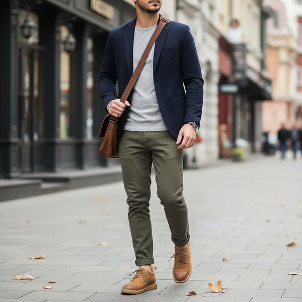 Smart-casual street outfit featuring handcrafted brown split leather Derby shoes.

