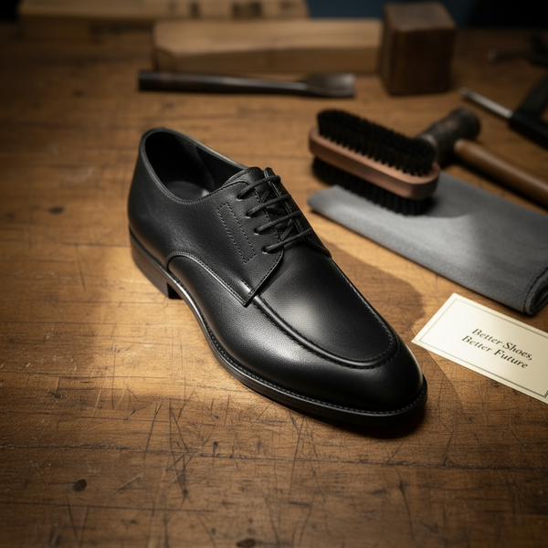 Close-up of Cavalier Derby Black — full-grain black leather derby shoes with hand-finished texture.