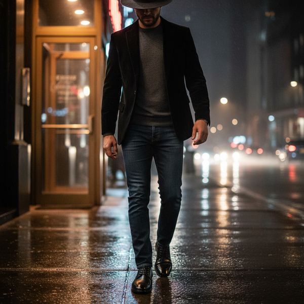 Evening look with Cavalier Derby Black — refined men’s black derby shoes for dinners and events.