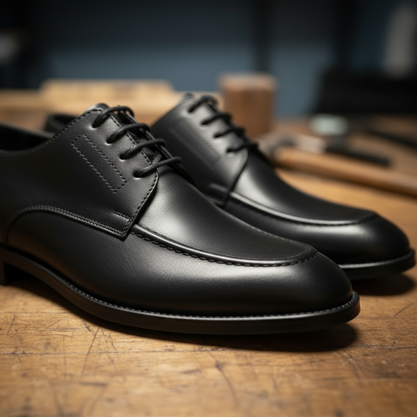 Front profile of Cavalier Derby Black — comfortable black derby shoes with British-style open lacing.