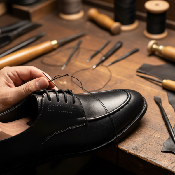 Hand-stitching details on Cavalier Derby Black — handcrafted black leather derby shoes built to last.