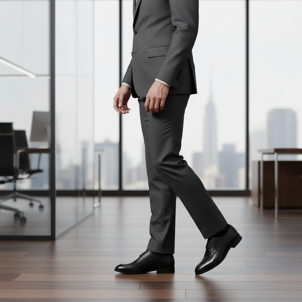 Office look with Cavalier Derby Black — men’s black leather derby shoes styled with a tailored suit.